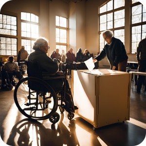 Personne à mobilité réduite exerçant son droit de vote grâce à nos transports de PMR